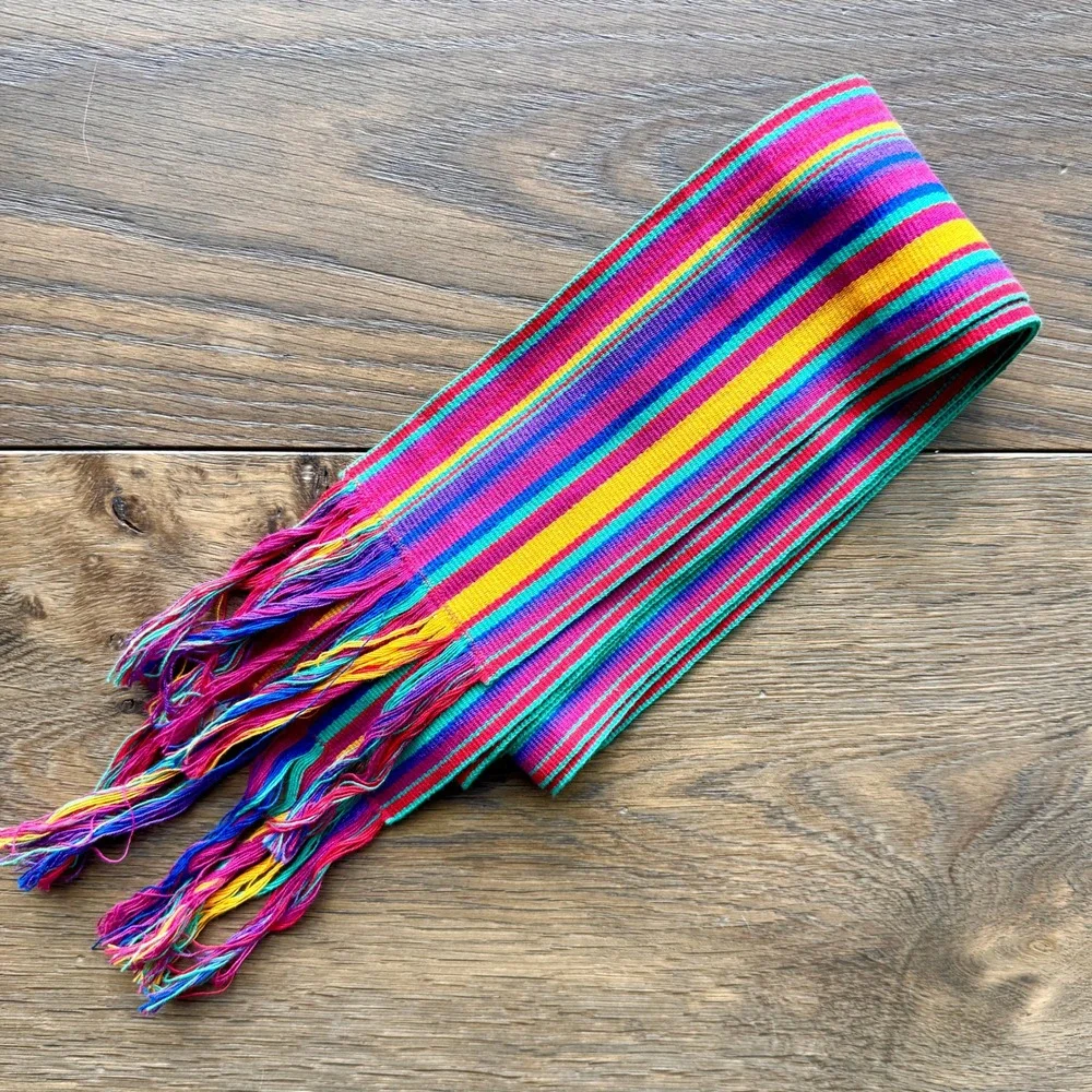 Laura Ashley Vintage‎ Woven Striped Fringe Sash Belt OS Bright Pink Multicolor